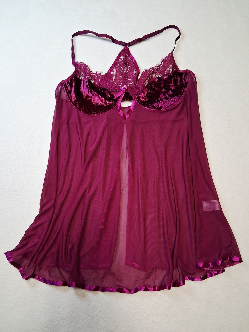 Sheer Lace & Velvet Babydoll Nightdress in Plum